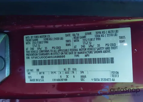 2017 Ford Escape Se z USA, uszkodzony, nr VIN 1FMCU0GD4HUA98895